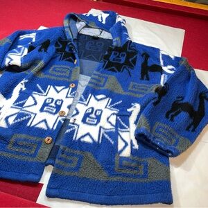JMC Llama SUN burst BLUE black WOOL JACKET HOODED Hand KNIT button up ECUADOR xl